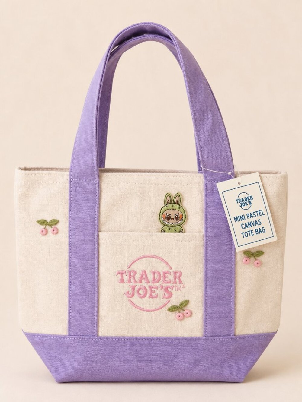 Trader Joe's Custom Pastel Purple Mini Tote Labubu Cherry Embroidered Tote Bag